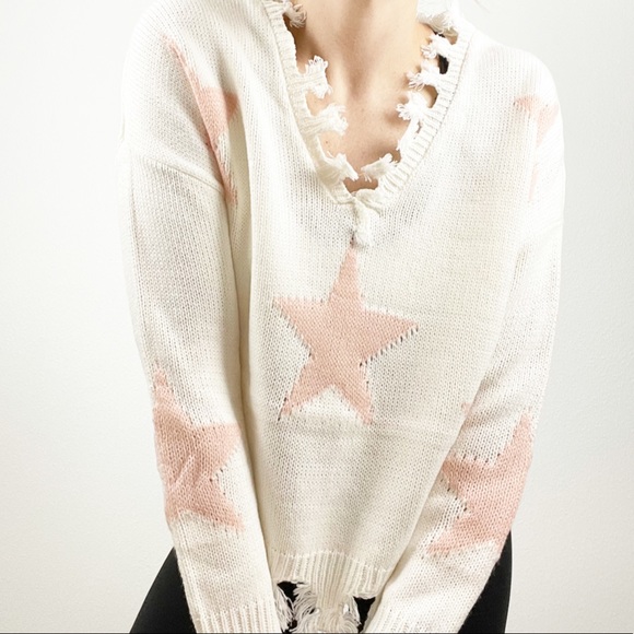 Sinful Star Print Fringe V Neck Sweater 